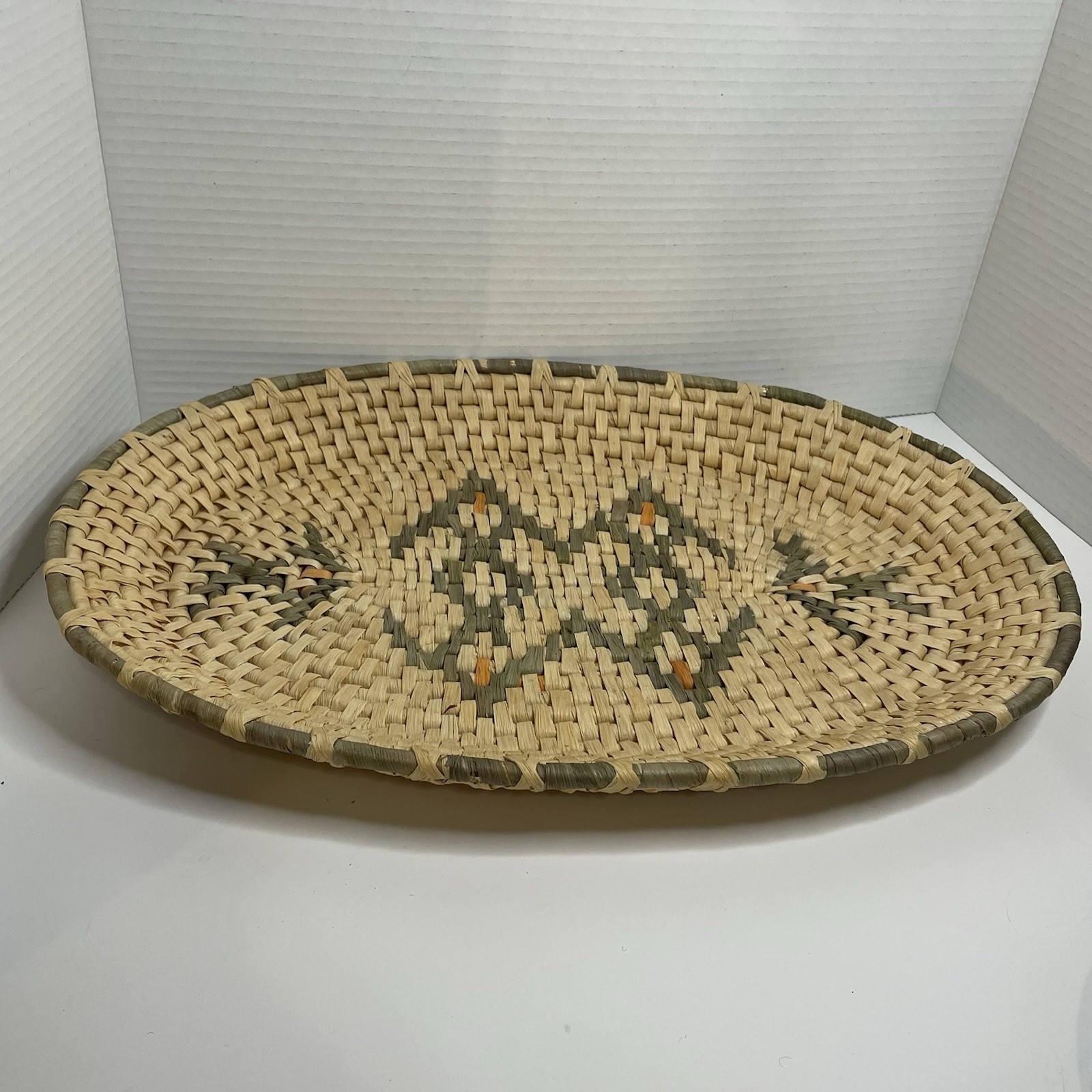Vtg Woven Coiled Native American Oval Shallow Bread Basket 18"