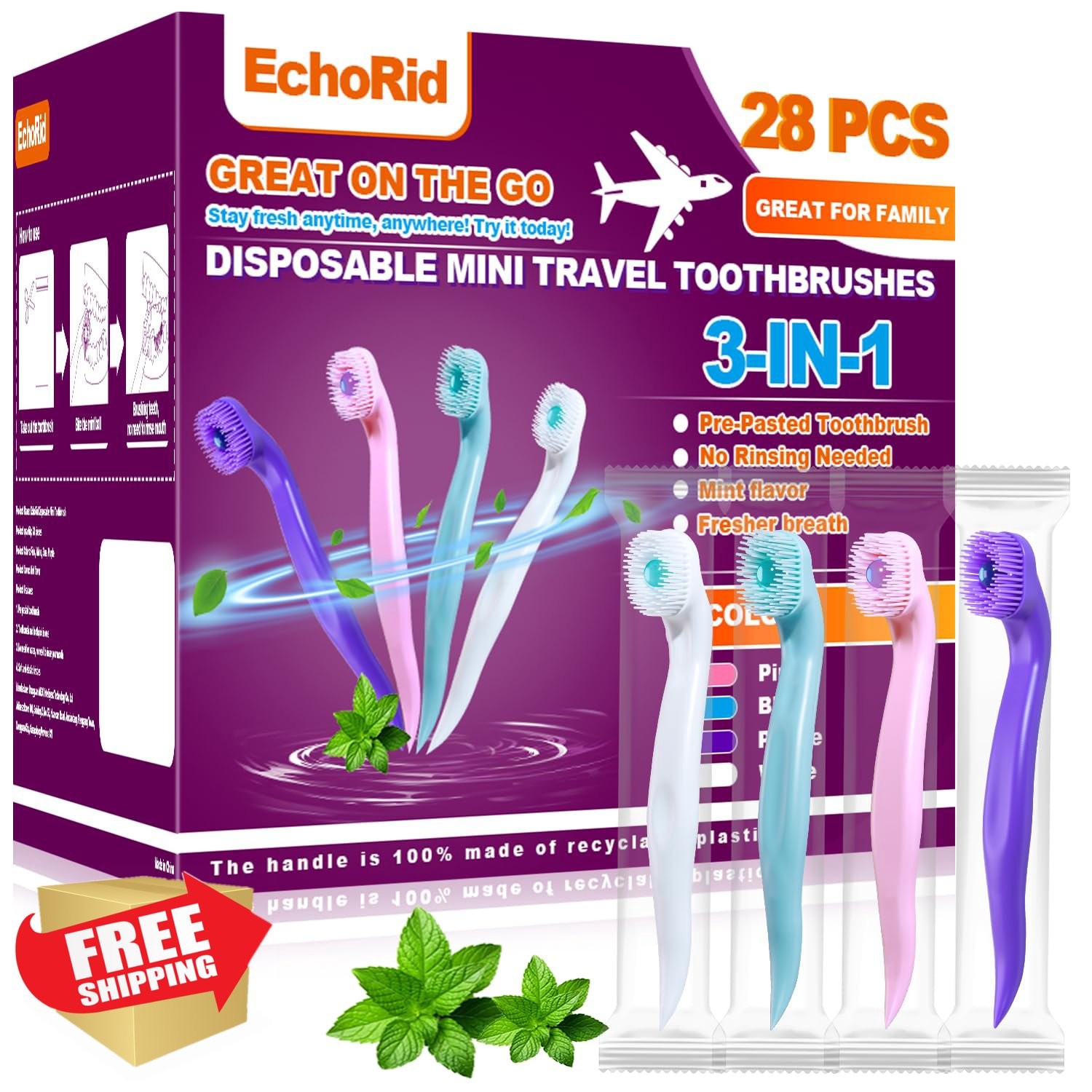 EchoRid 28ct Mini Disposable Toothbrush Mint Pre-Pasted Travel