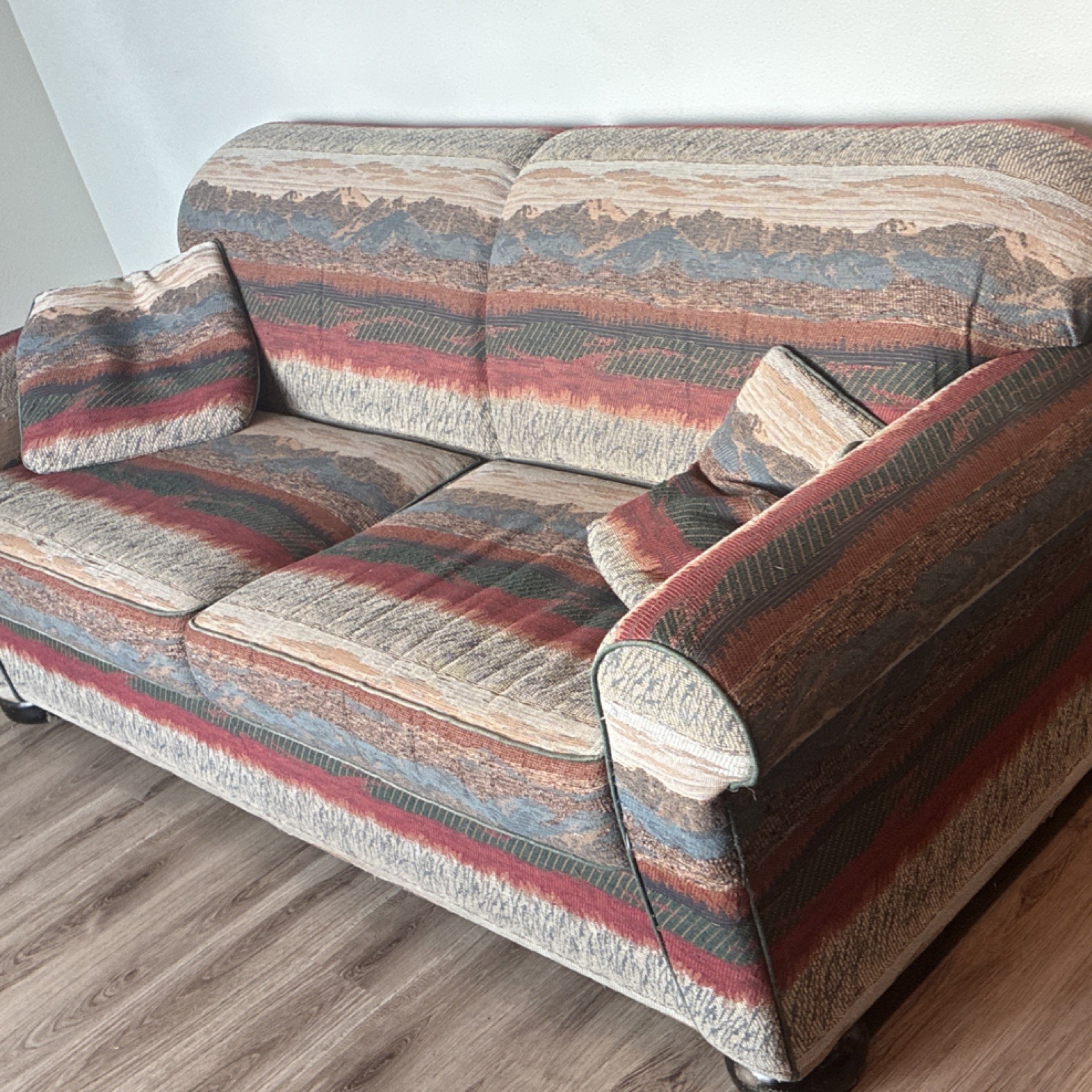 Patterned Vintage Loveseat Sofa Wood Frame Multicolor With Cushions