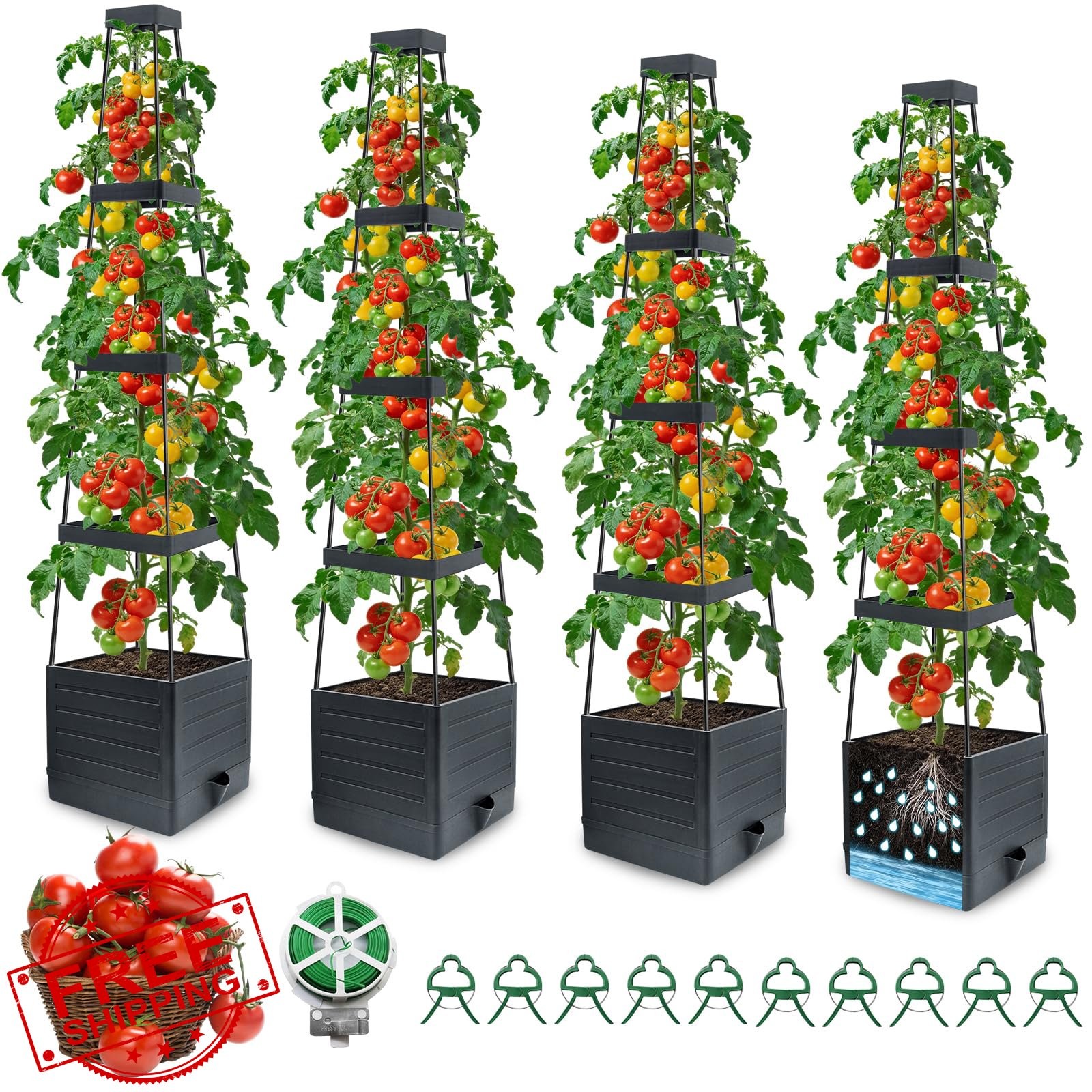 MQFORU 4PK Raised Garden Bed Planter Tomato Box with Trellis 57"