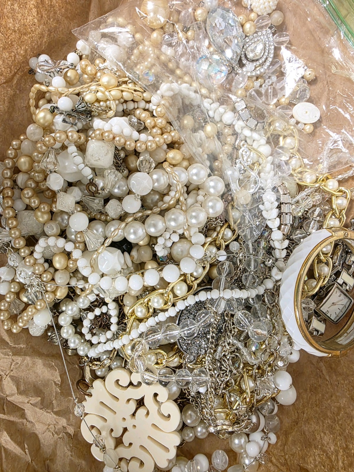 Broken Jewelry Lot White and Crystal 2 Lbs Necklaces Bracelets Beads Watch