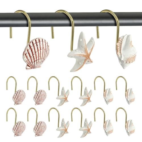 Gold Shower Curtain Hooks, 12PCS Rust-Proof Decorative Resin Bathroom Hooks, 
