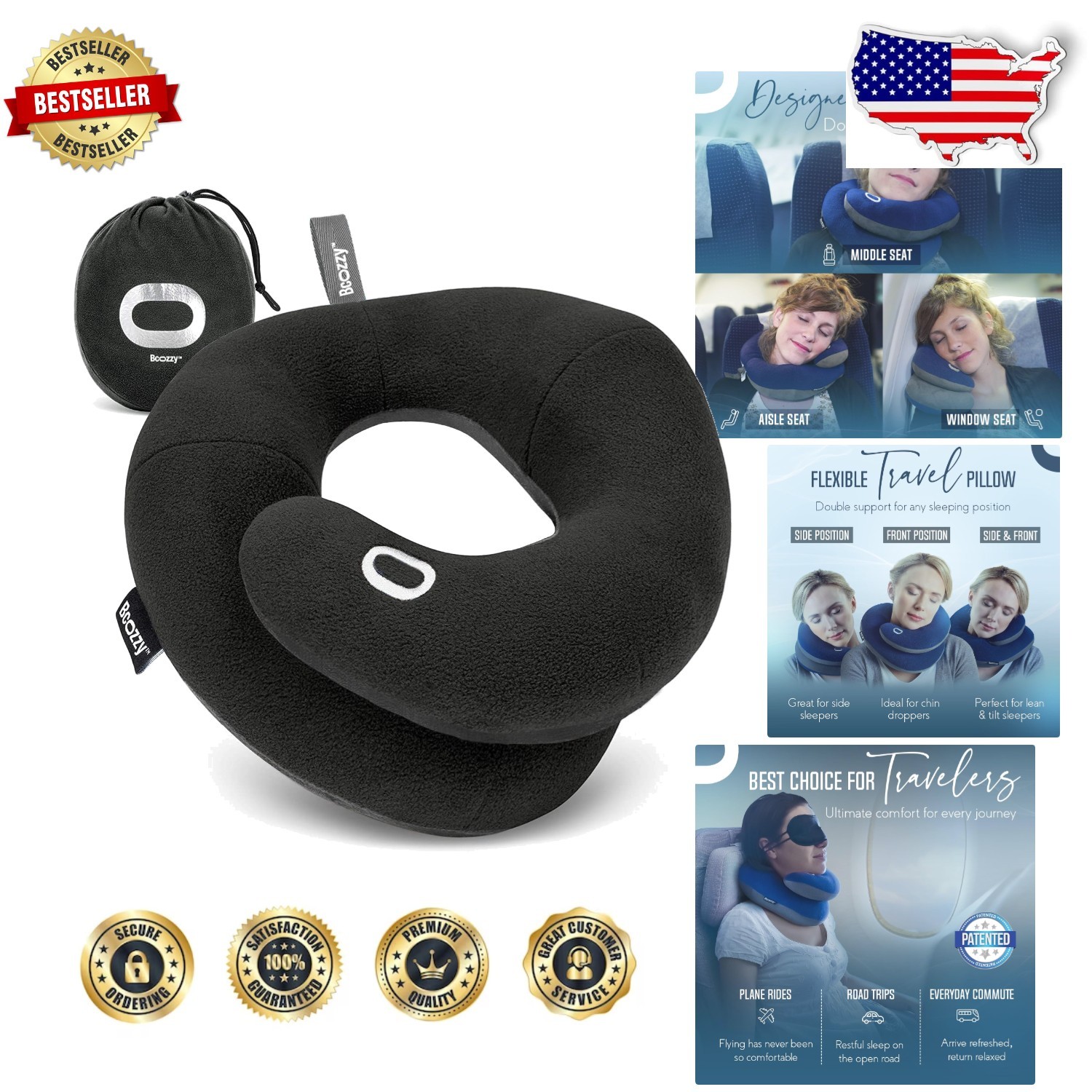X-Large Black Travel Neck Pillow: Patented Double Support, Ergonomic, Washabl...
