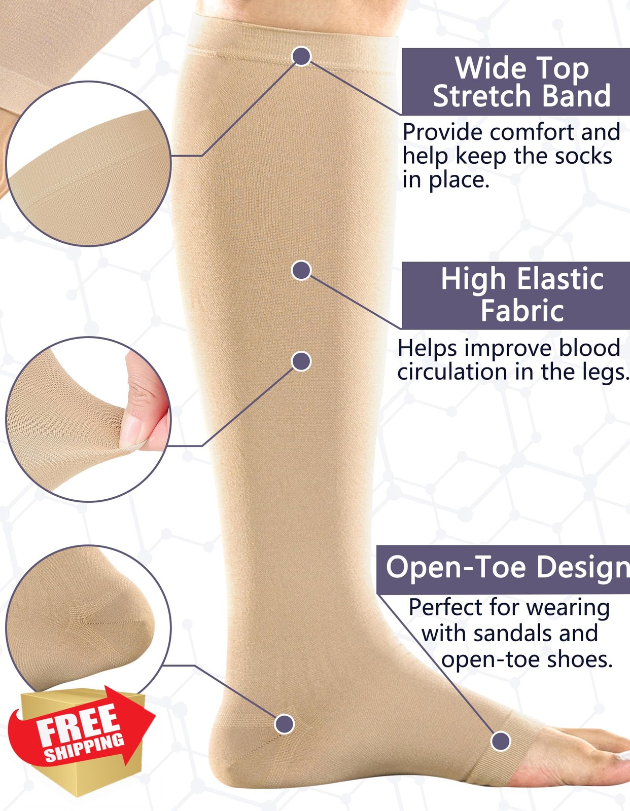 +MD 2 Pairs 20-30 mmHg Compression Socks Knee High Open Toe