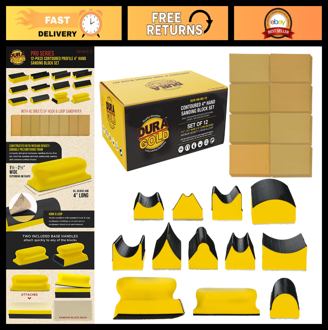 12-Piece Hand Sanding Block Set with 40 Hook & Loop Sandpaper - Contoured Shapes