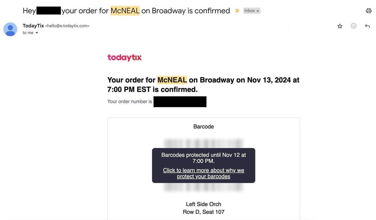 mcneal broadway - one (1) ticket - november 13 @ 7:00pm - lincoln theater NYC