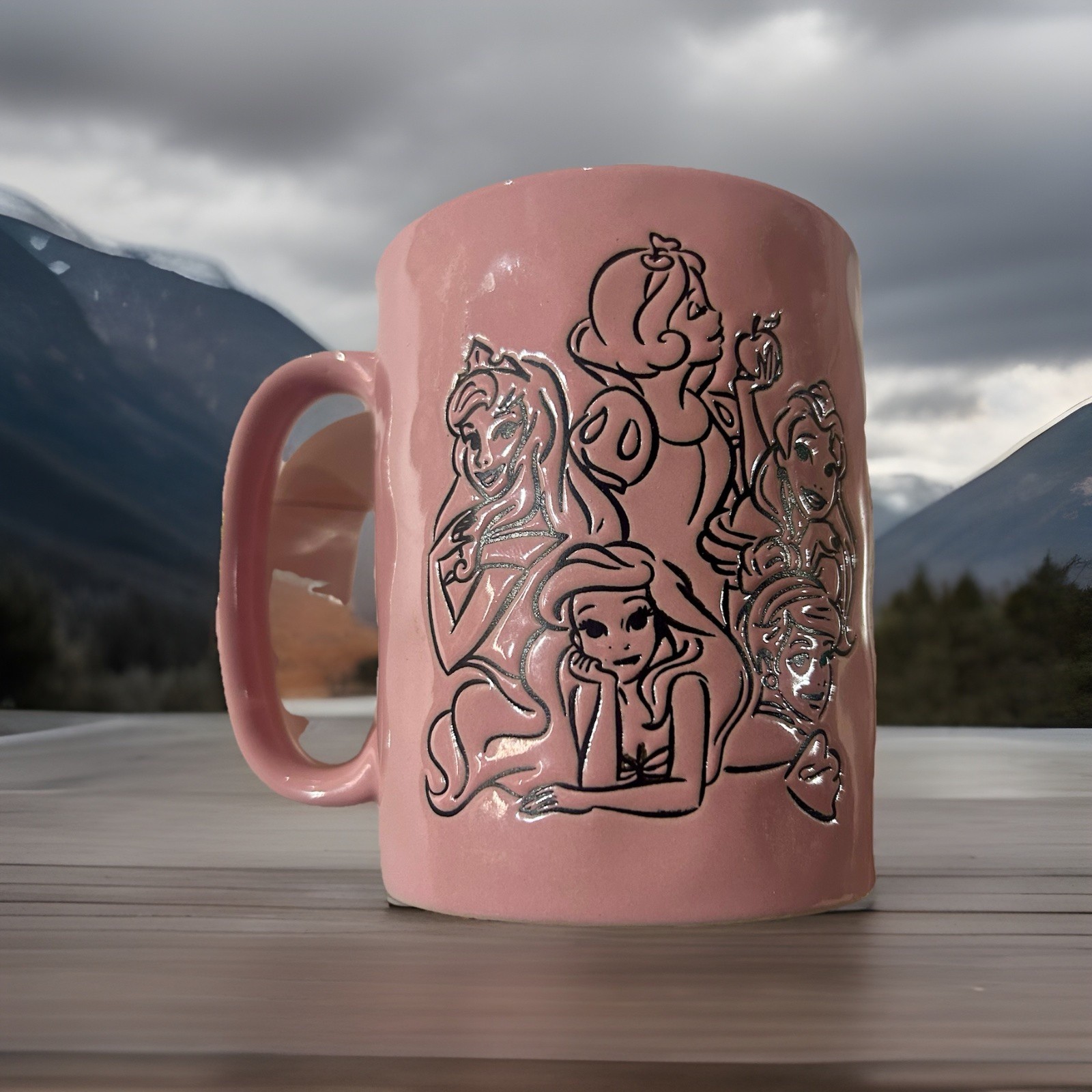 Disney Princess Pink Embossed Ariel Snow White Belle Aurora Tea Coffee Mug Cup