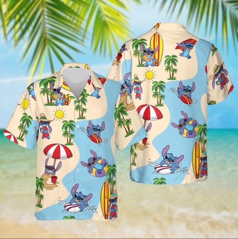 Disney Stitch Surfing Beach Disneyworld Summer Beach Aloha Hawaiian Shirt