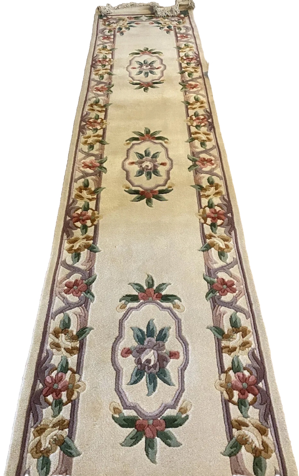 Vtg Chinese Carving Rug 13'x30" Carpet Handmade Wool Ivory Gold Green Lavender