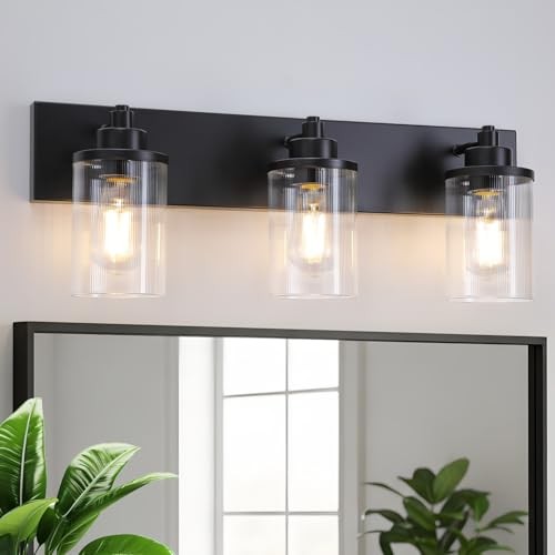 Matte Black Vanity Lights for Bathroom Bathroom Light 3 Light Striped Glass