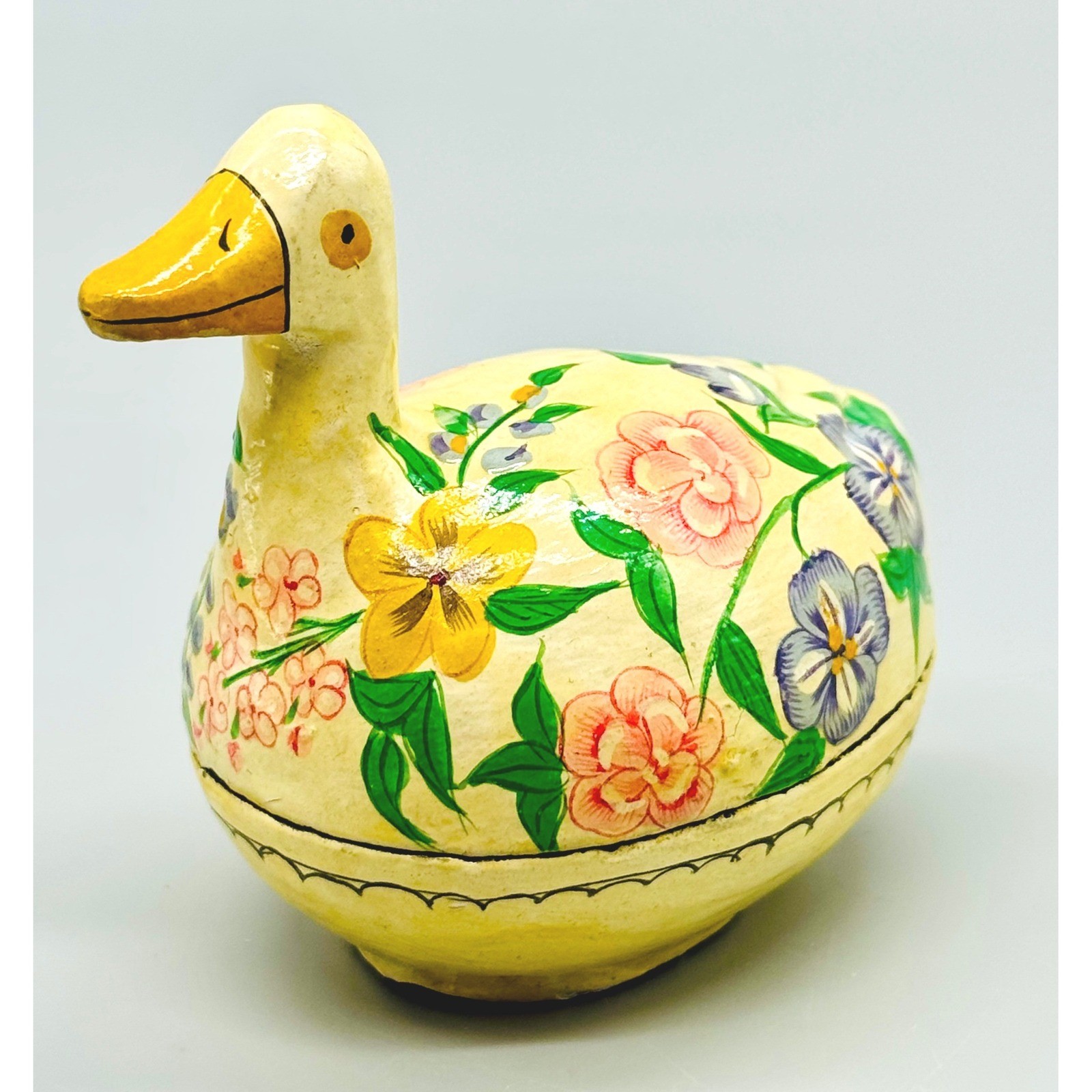 Floral Duck Trinket Box Yellow Hand Painted Wooden Made In India