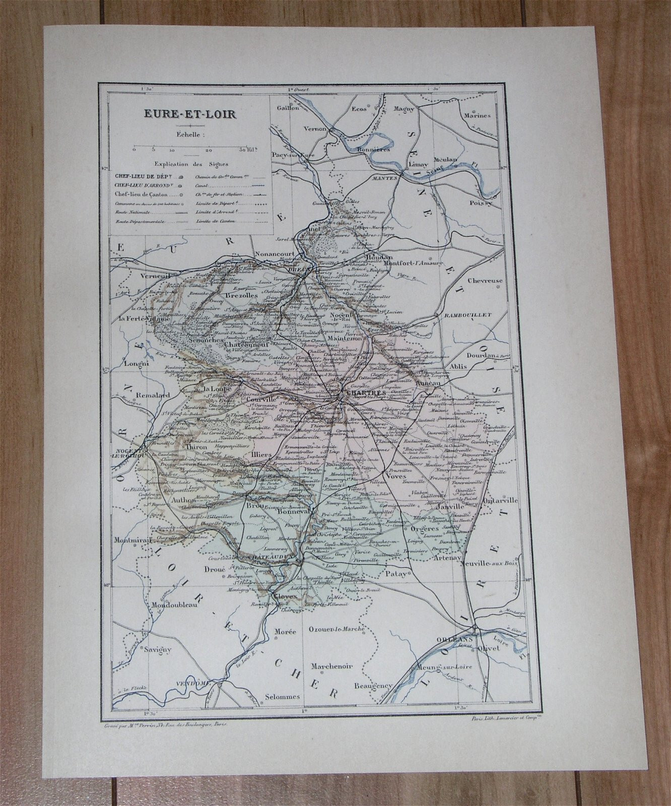 1887 ORIGINAL ANTIQUE MAP OF DEPARTMENT OF EURE-ET-LOIR CHARTRES / FRANCE