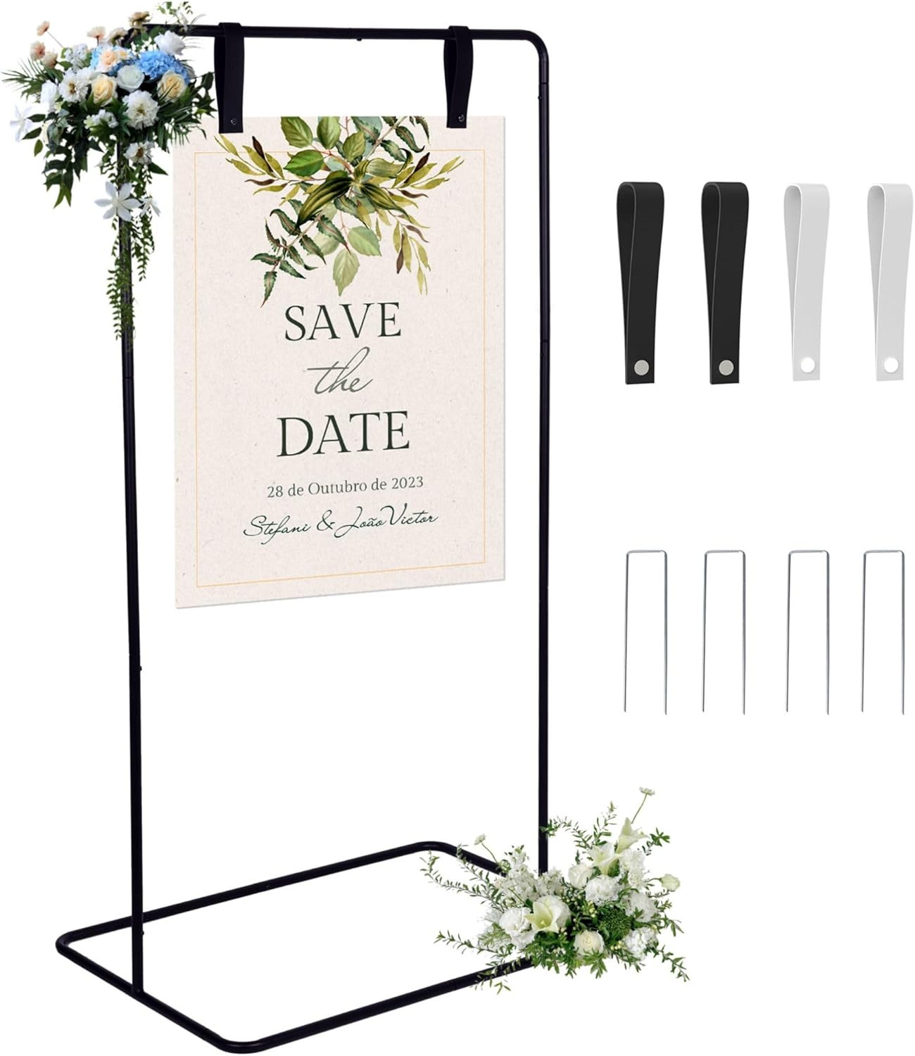 Adjustable Wedding Welcome Sign Stand with Ground Stakes and Leather Strap