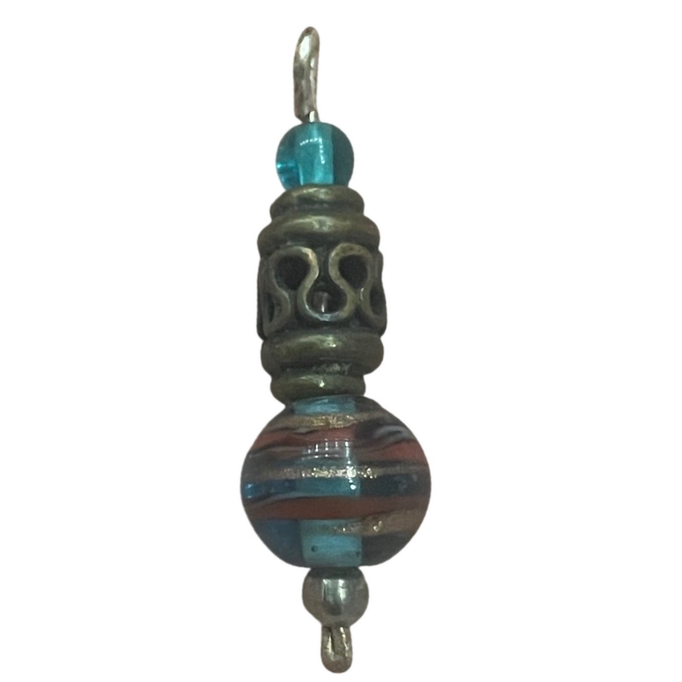 Vintage Artisan Lampwork Glass & Brass Swirl Bead Pendant 1.25" Teal Terracotta