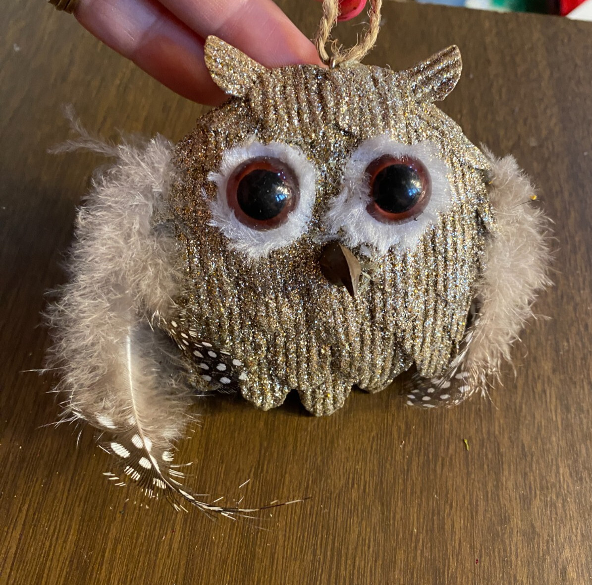 Owl w Real Feathers Gold Glitter Plastic Christmas Ornament 4"