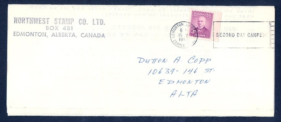 CANADA 1964 NORTH WEST STAMP CO EDMONTON SECOND DAY CANPEX SLOGAN 1964