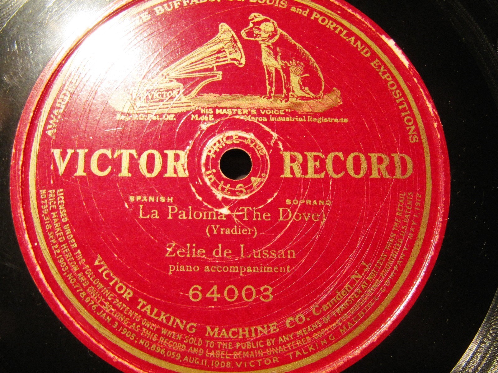 1st Red Seal VICTOR Record 1903 ZELIE DE LUSSAN LA PALOMA Cancion Americana