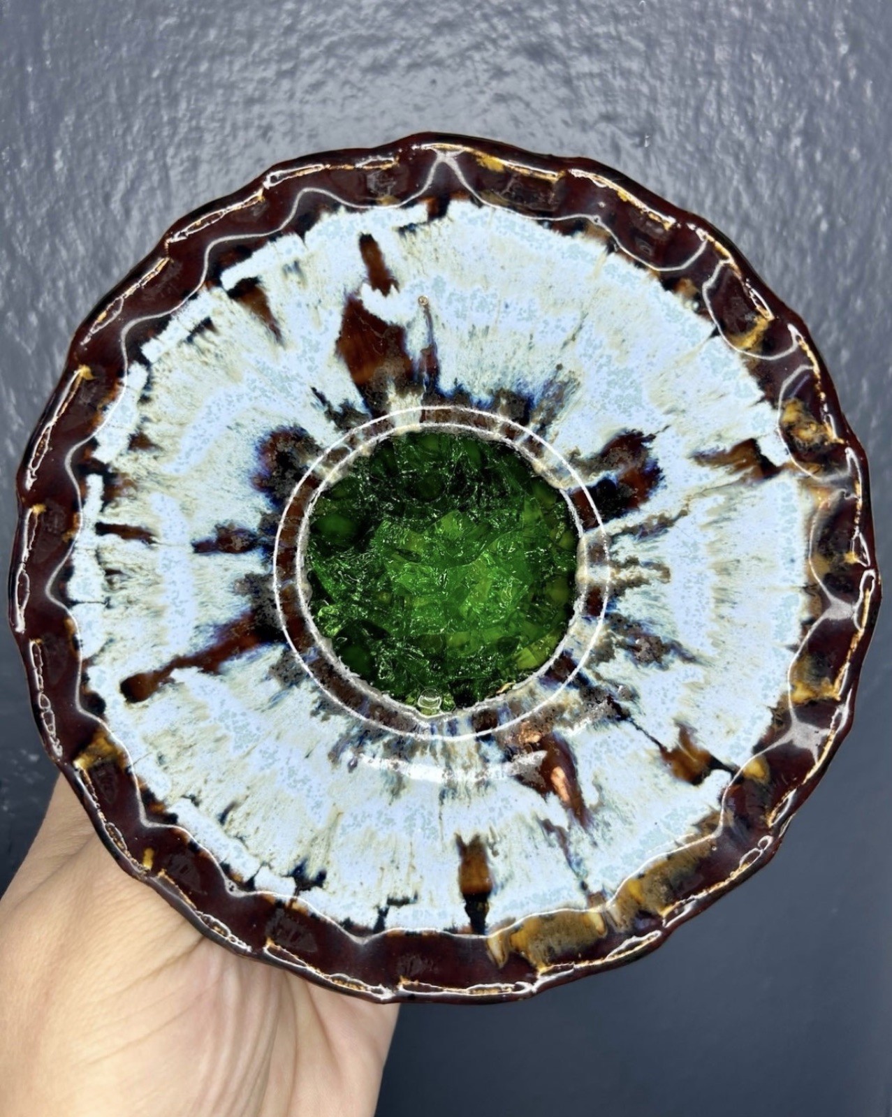 Blue Green And Brown Handmade Ceramic Crackle Catchall Dish Used Vintage