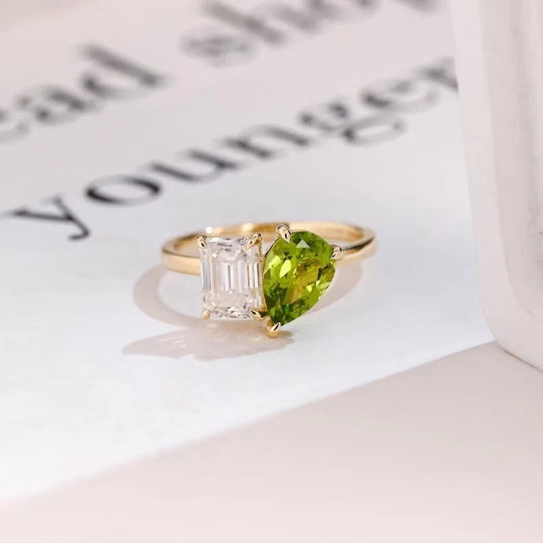 2.20Ct Pear Cut Simulated Peridot Two Stone Wedding Ring 14K Yellow Gold Plated