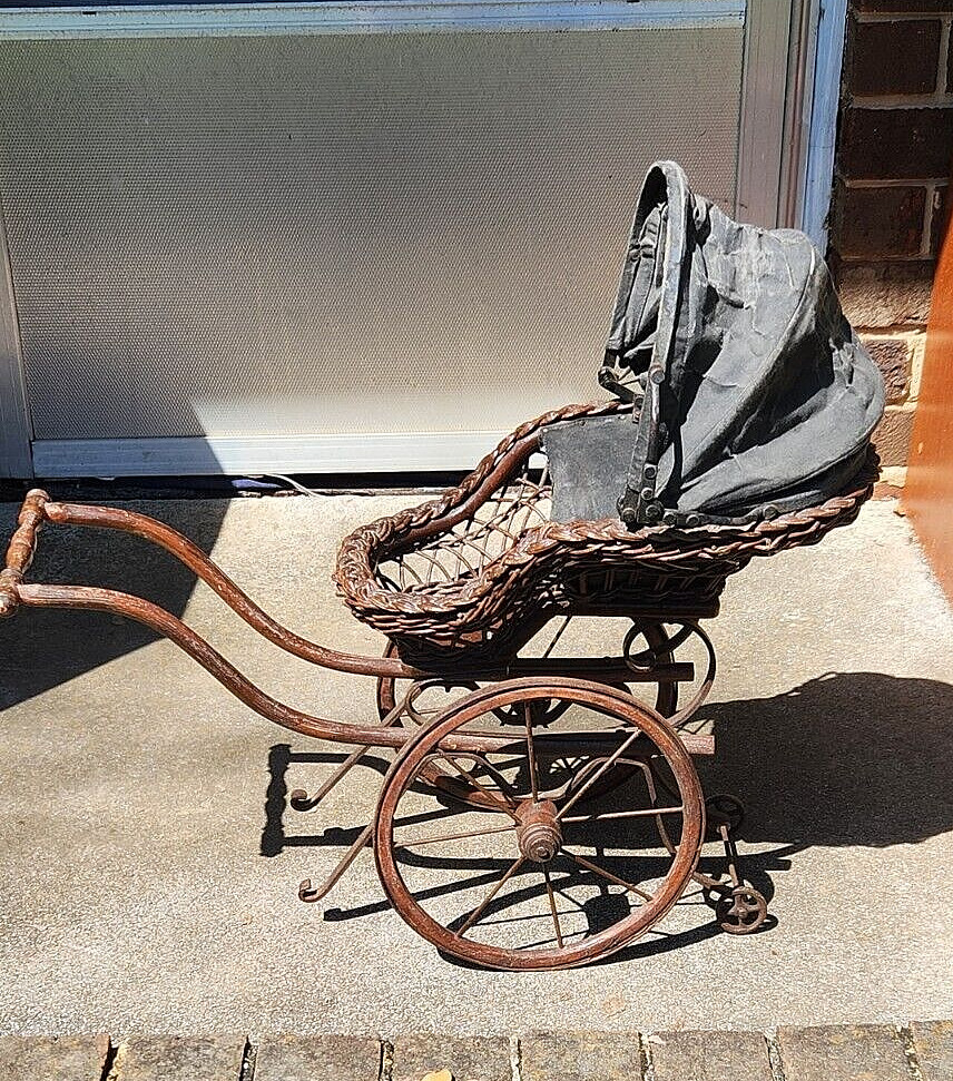 Antique Girl's Victoria Carriage Buggy Stroller Baby Doll Wicker Wood & Canvas