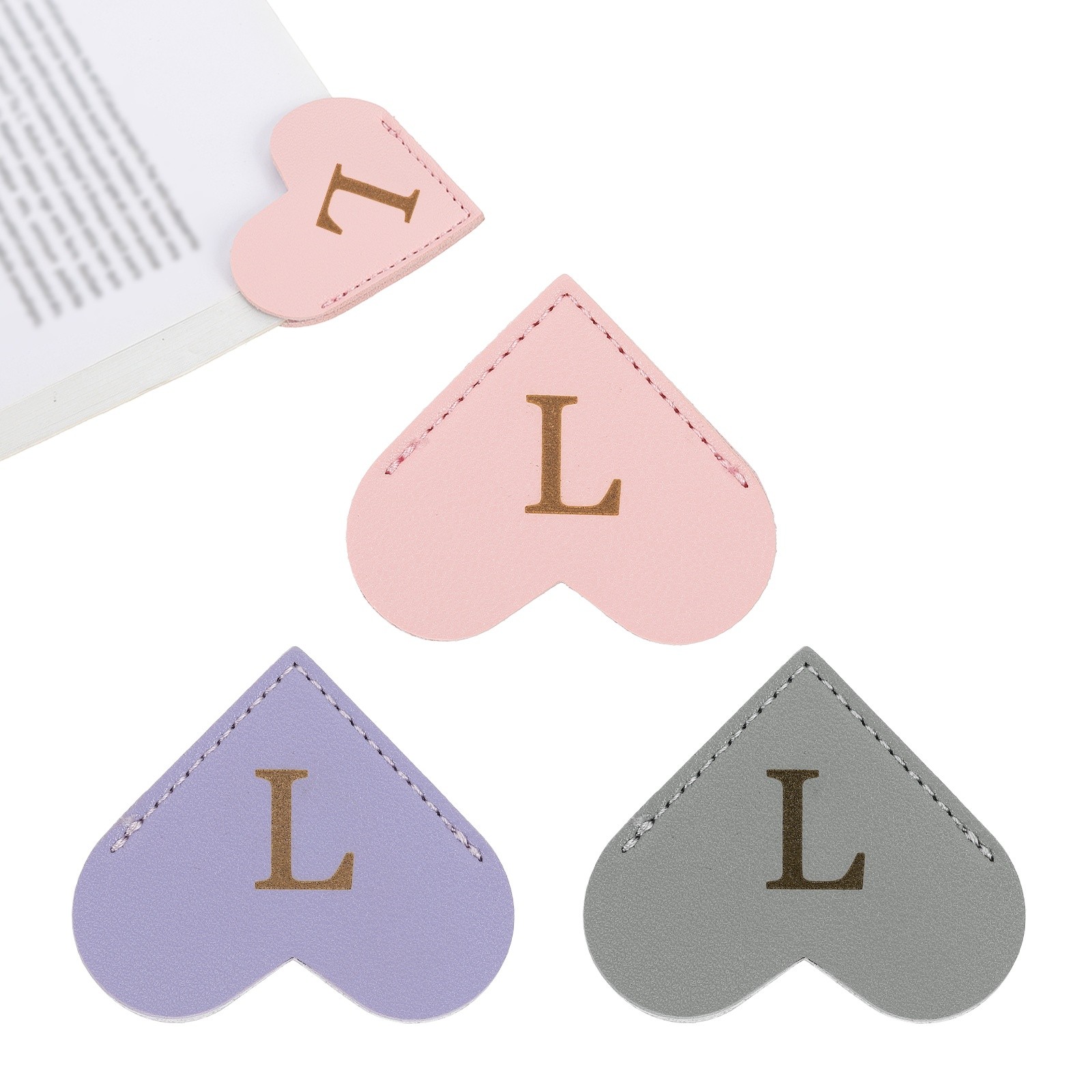 Initial L Corner Bookmarks,  3Pcs Heart Shape Leather Book Marks Markers