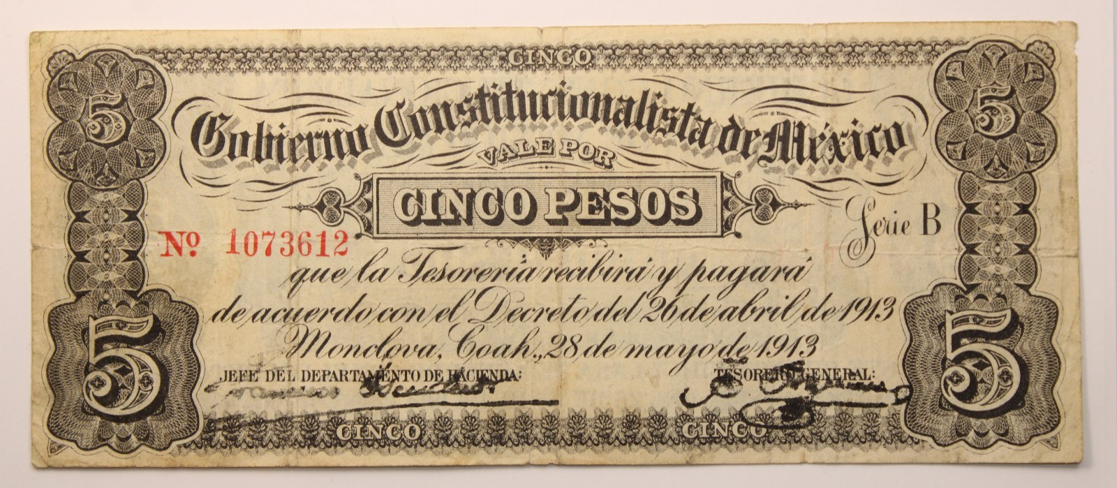 5 Pesos 1913 Gobierno Constitucionalista de Mexico  Series B # 0478