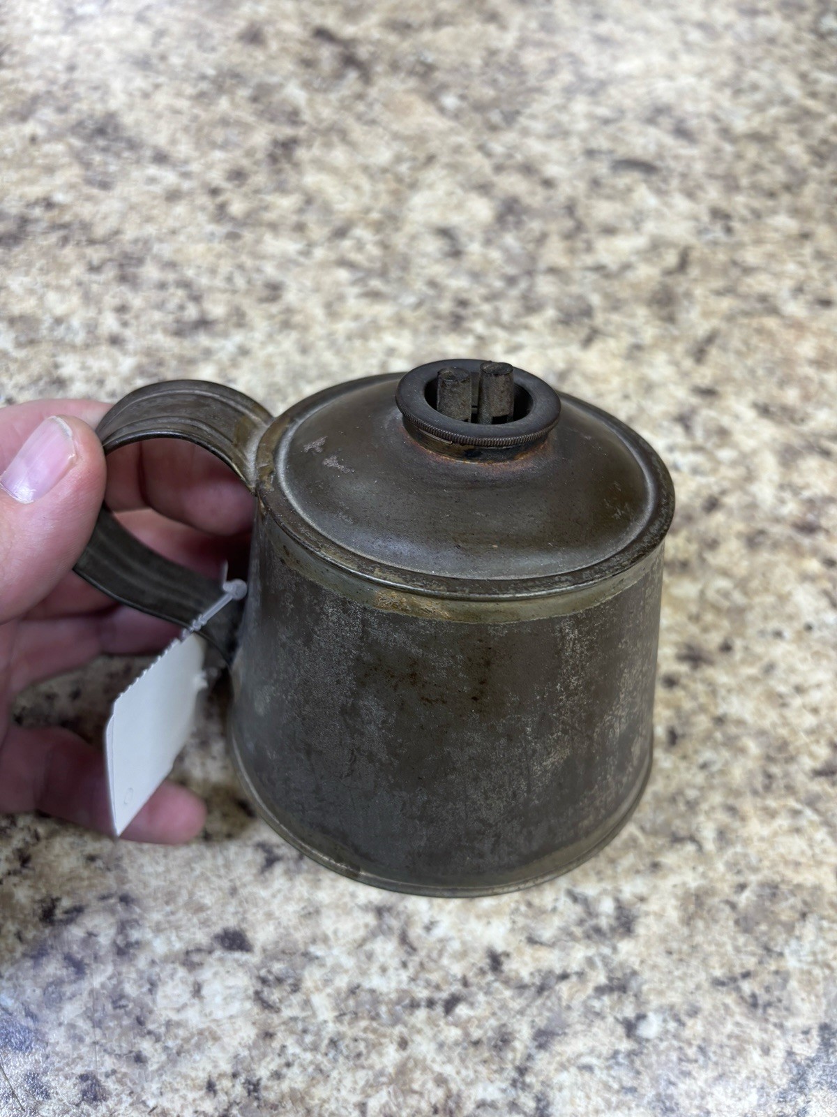 Antique whale oil lamp tin double burner with carry handle. Original 4x4x3.5"