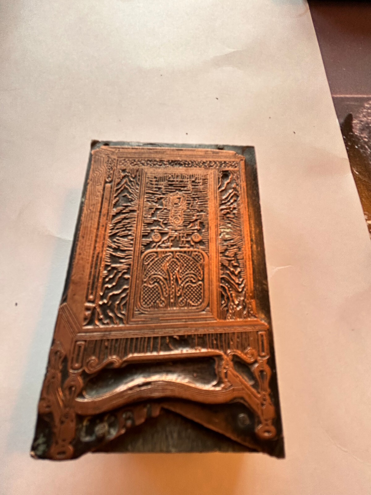 Letterpress Vintage Printer's Block Phonograph or Radio Cabinet Copper on Wood