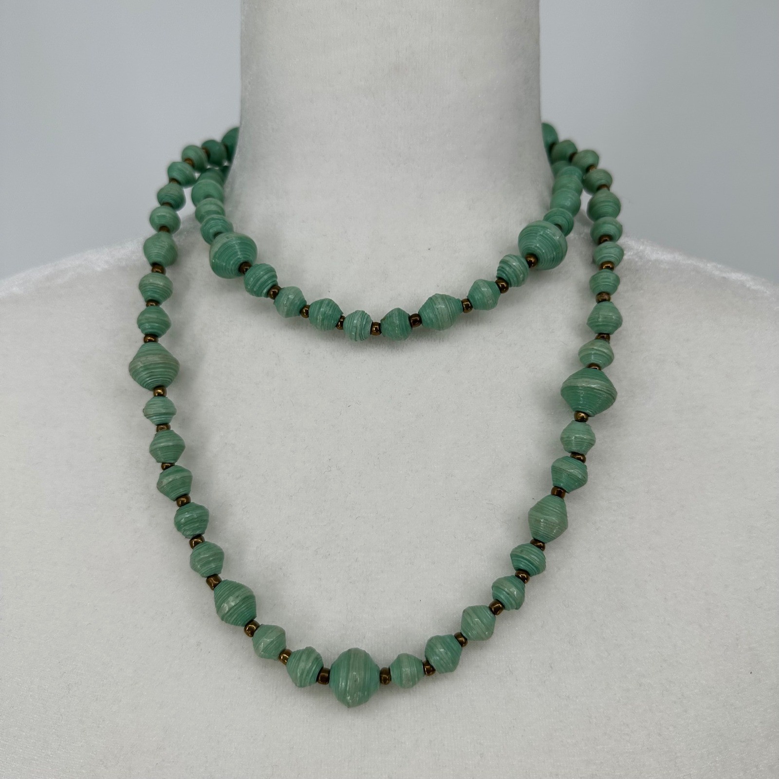 Handmade Teal Green Recycled Paper Bead Necklace Long Statement Beaded 20 in