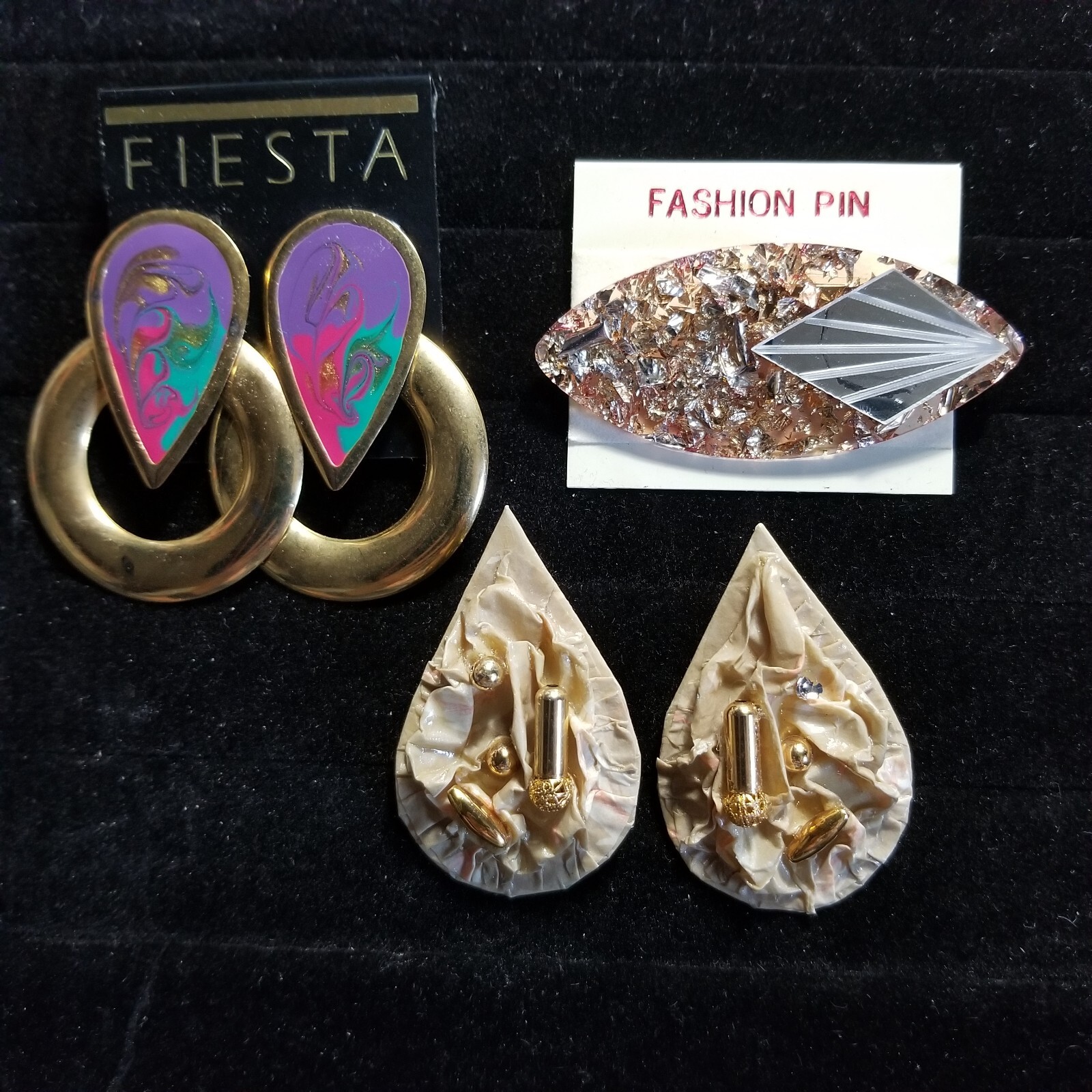 Retro 80's Fashion Jewelry 2 Pair of Pierced Earrings + Pin Broach MEGA 80's