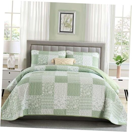  Quilt Set Size, 3 Pieces Plaid Floral Bedspread Set Queen Light Green