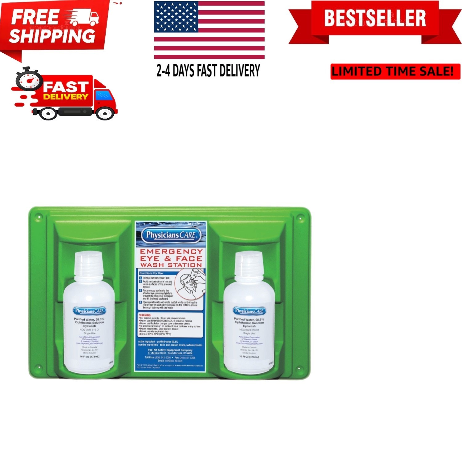 Wall-Mountable Eyewash Station with 2 Bottles of Eye Wash Solution, 16 Oz Each