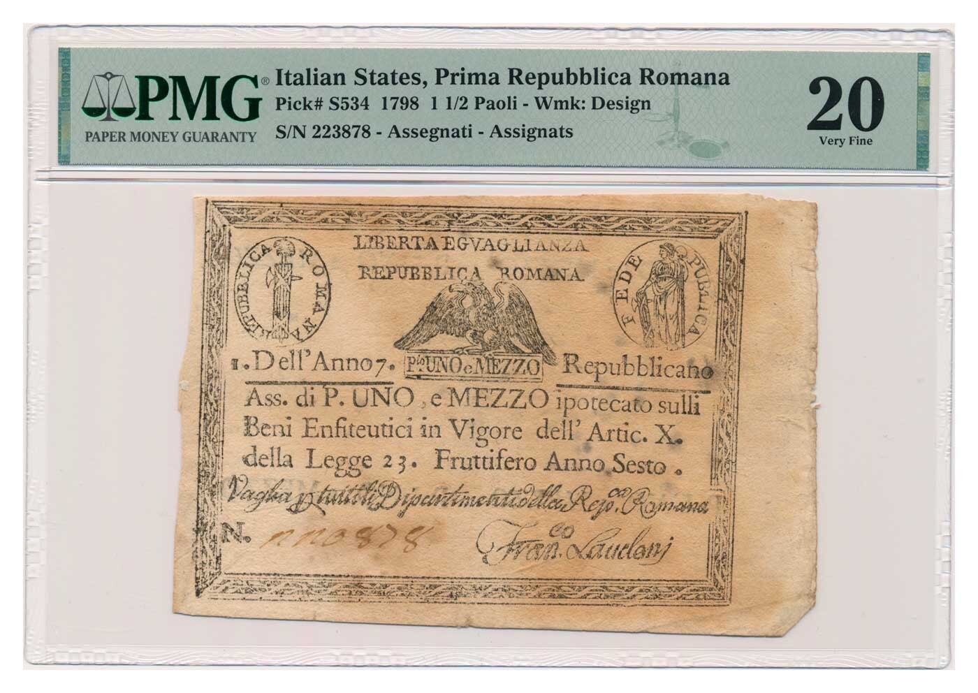 ITALIAN STATES (REPUBBLICA ROMANA) banknote 1 1/2 Paoli 1798 PMG VF 20 Very Fine