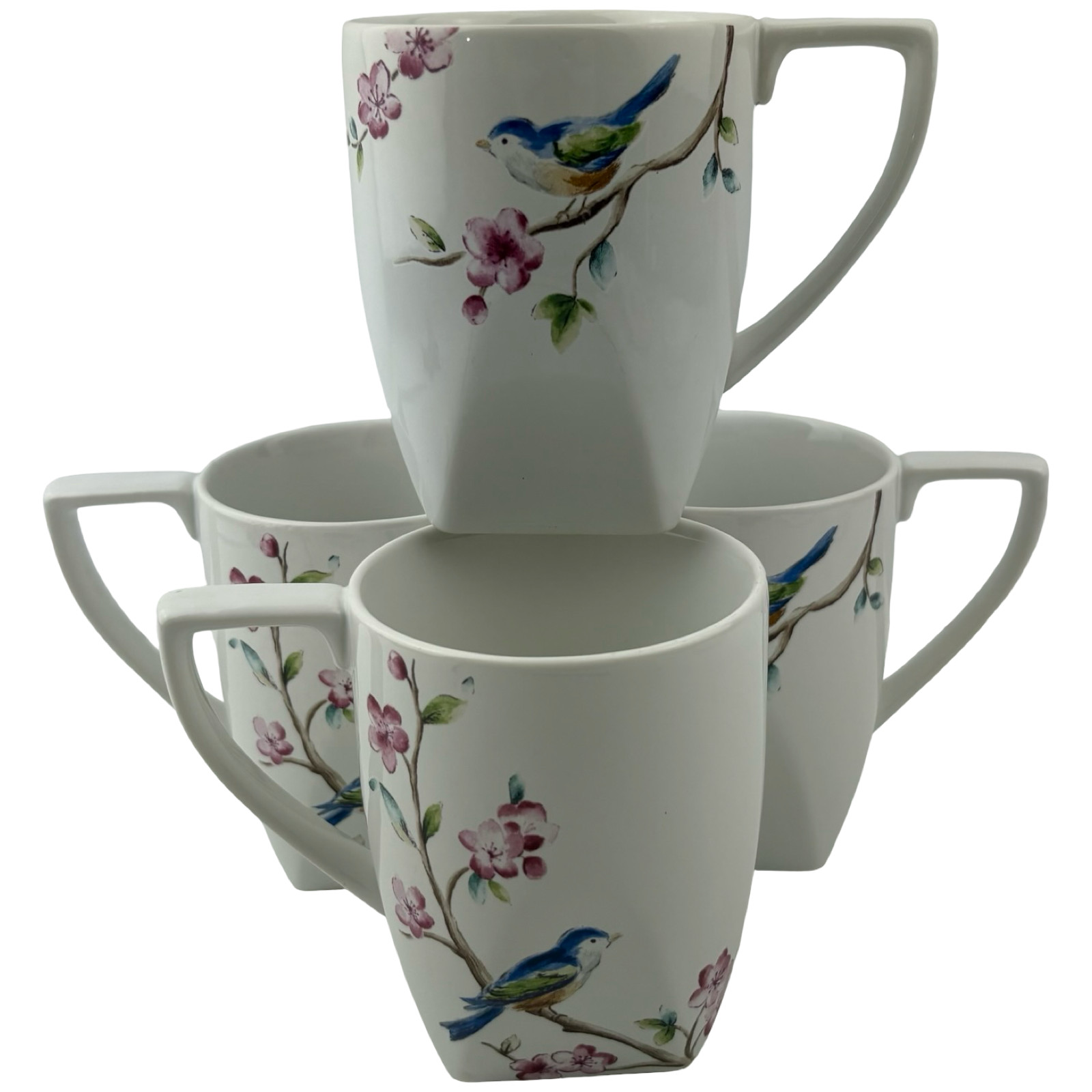 222 Fifth Feathered Friends Coffee Mugs Set of 4 Vintage 4" Pink Floral Birds
