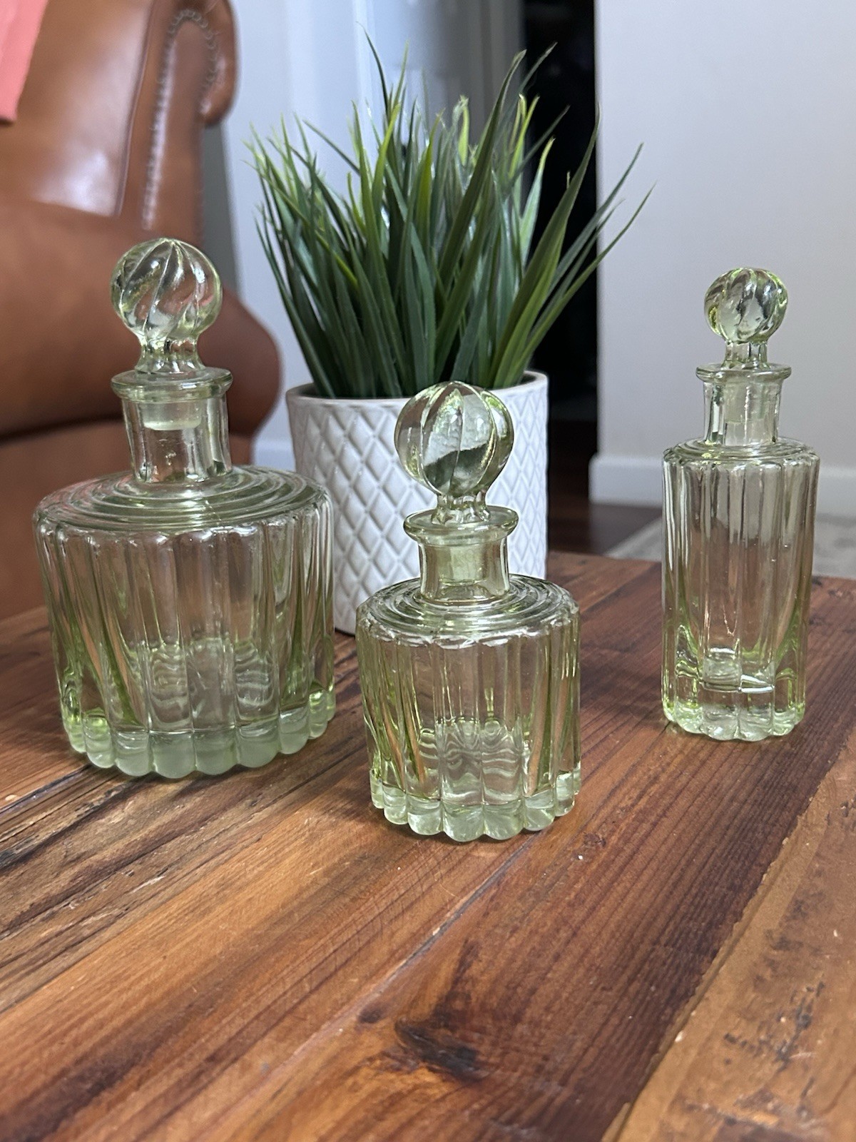 3 Vintage Glass Bottles With Stoppers Light Green