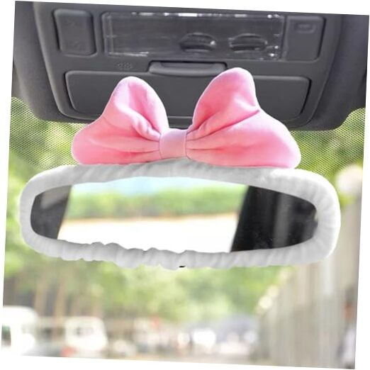 Bowknot Car Rearview Mirror Cover, Cute Plush Bow Auto Rearview Mirror Pink