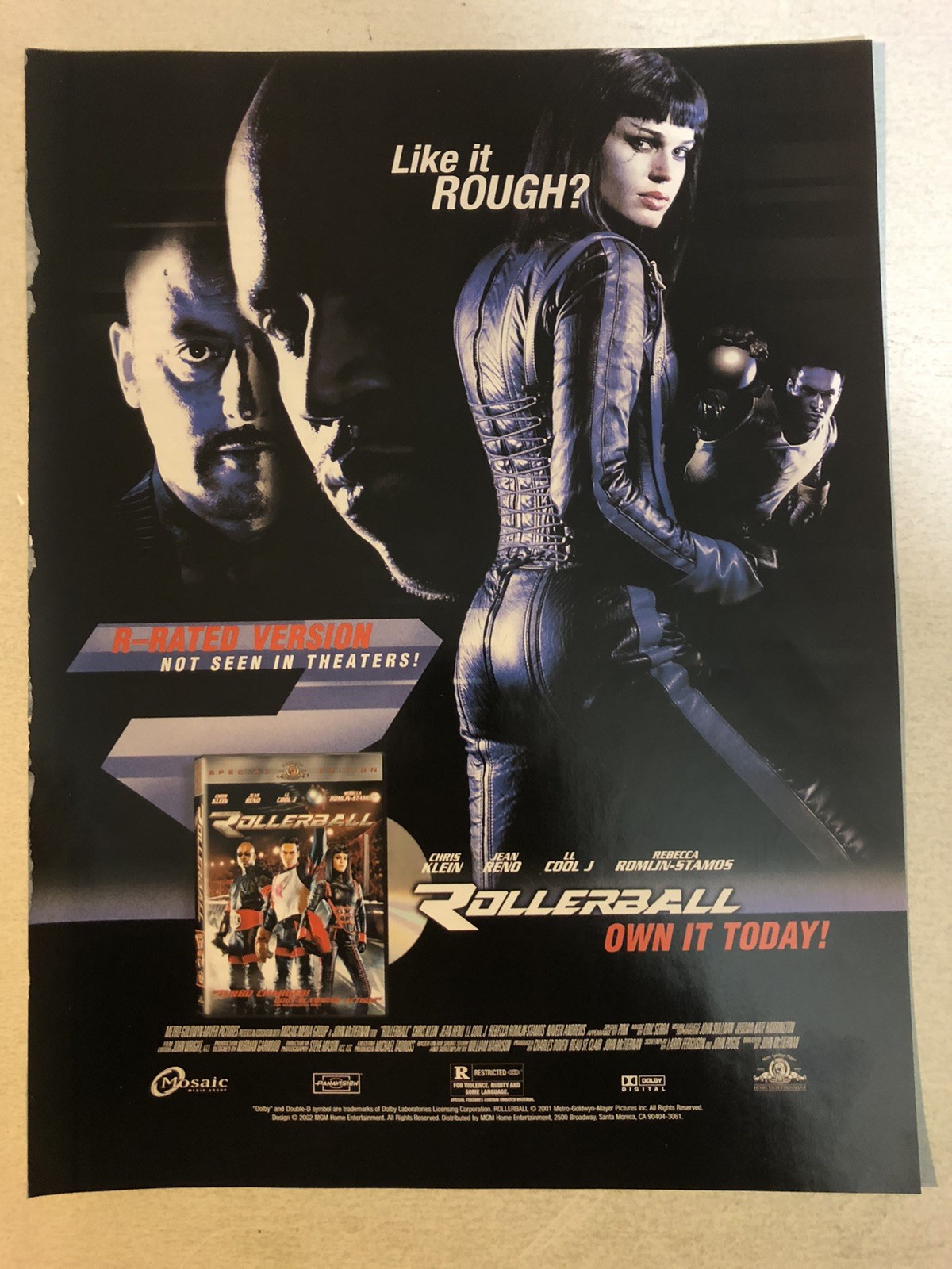 Rollerball Movie Print Ad Pinup Ephemera Rebecca Romijn LL Cool J Chris Klein