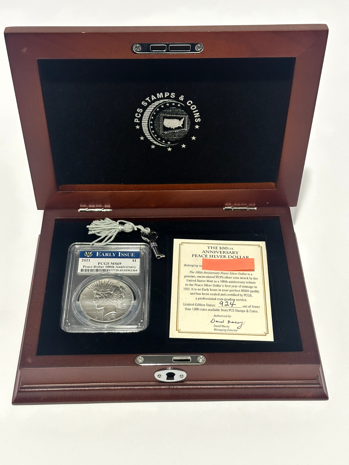 100th Anniversary Peace Silver Dollar MS69 in slab from PCGS, 924/1,000