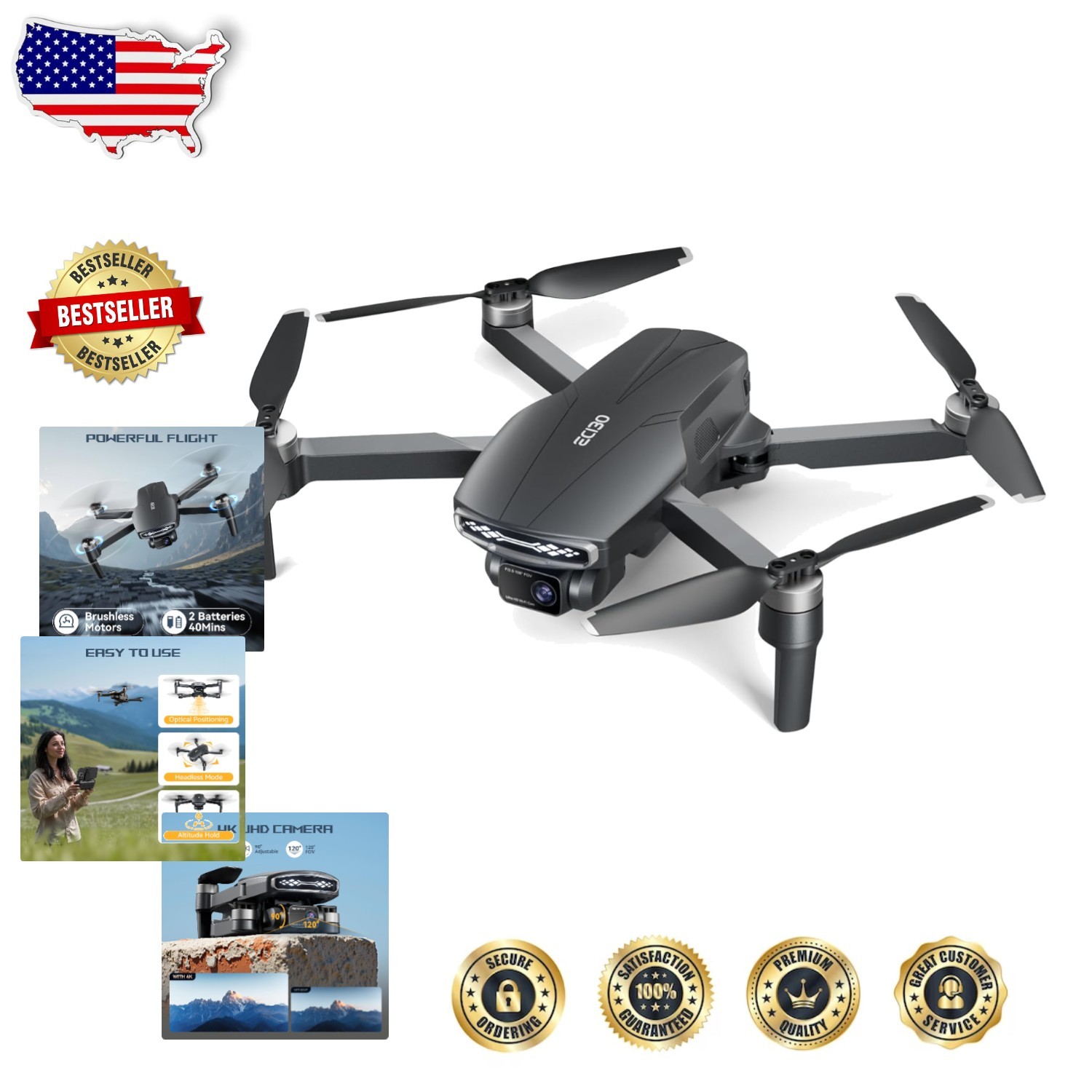 Beginner Drone 4K UHD Camera, Brushless, 2 Batteries, Long Range FPV