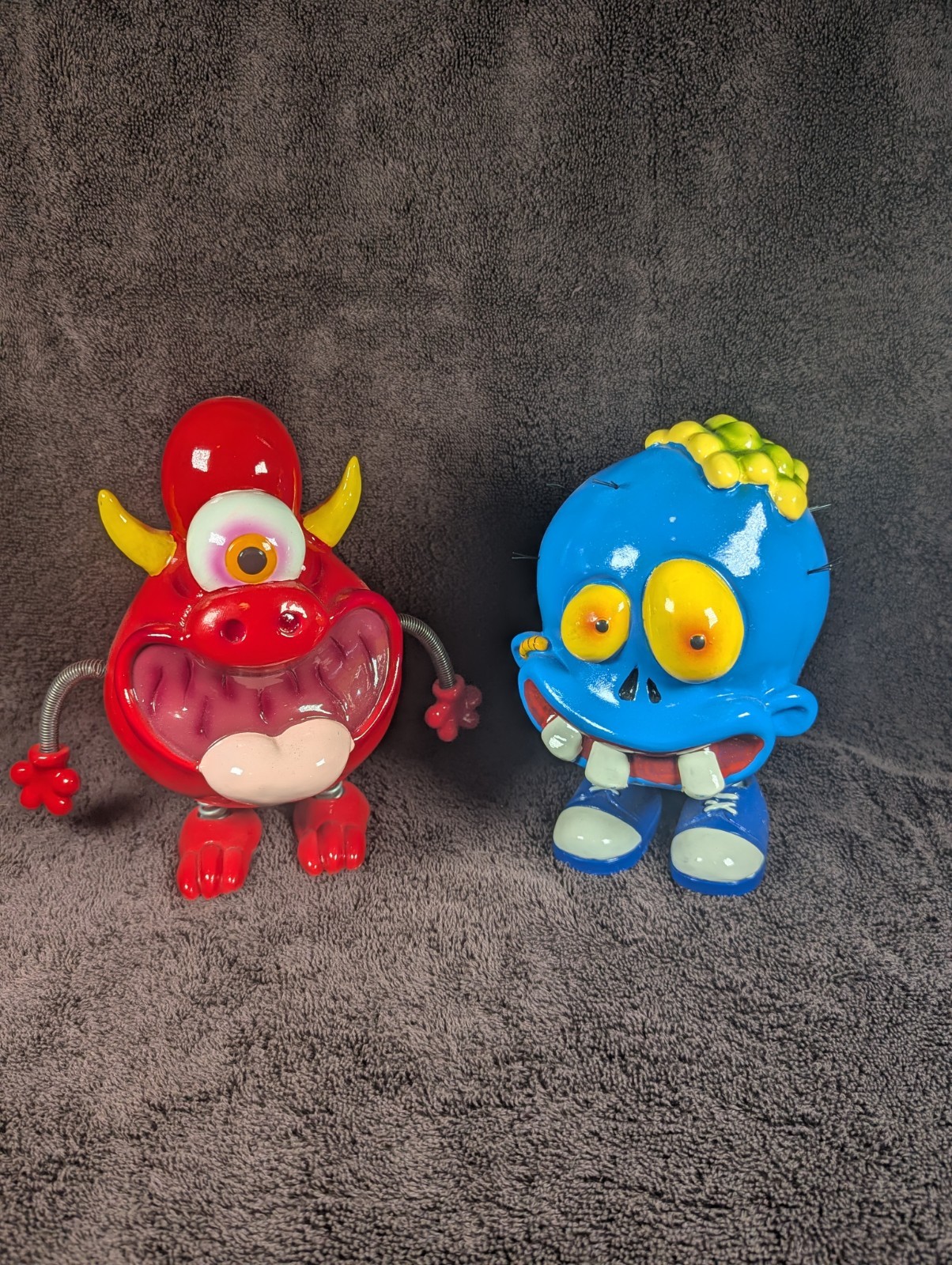 Vintage Monster Coin Banks Lot Red Cyclops & Blue Bug Eye Bobble Head Spring...