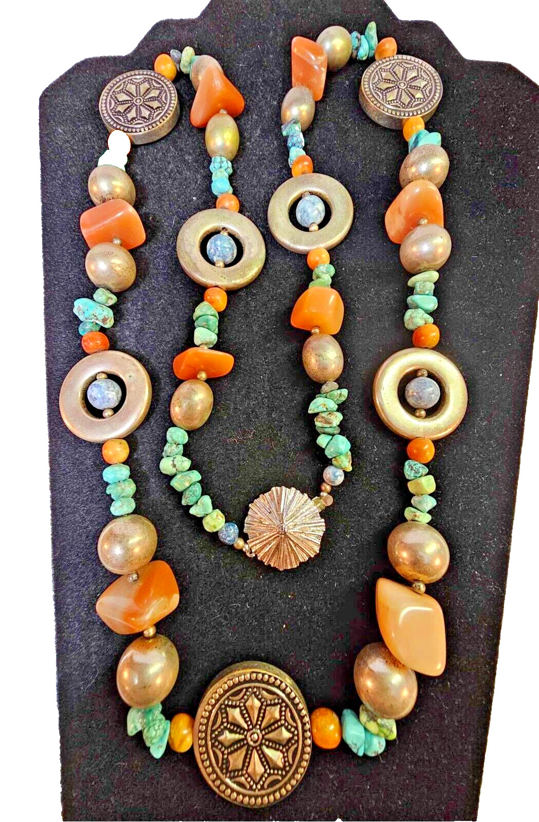 Vtg Long Necklace w Carnelian turquoise large beads flower silvertone 35in"- B10