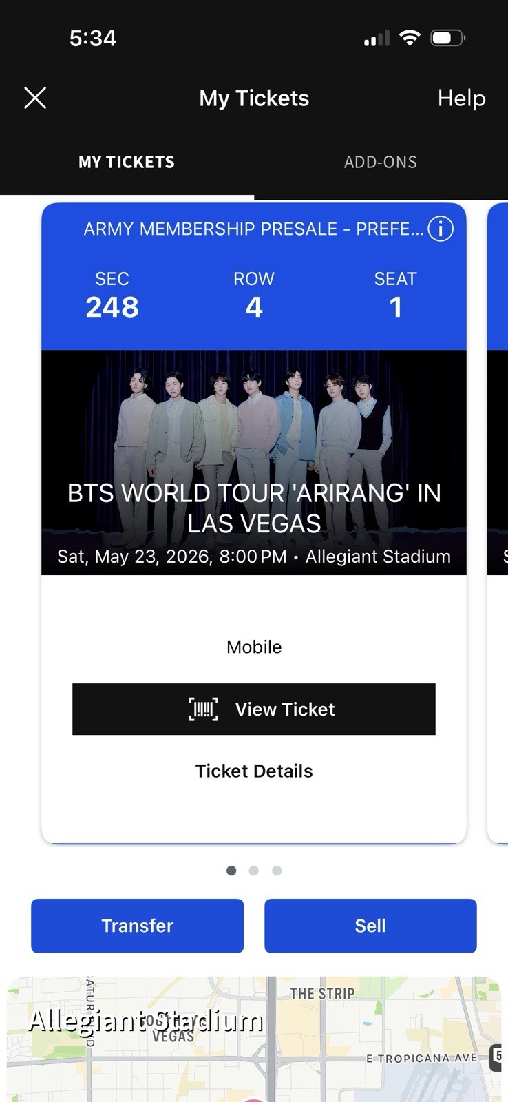 BTS 'Arirang' Allegiant Stadium Las Vegas May 23 2026 8PM Sec 248 Row 4