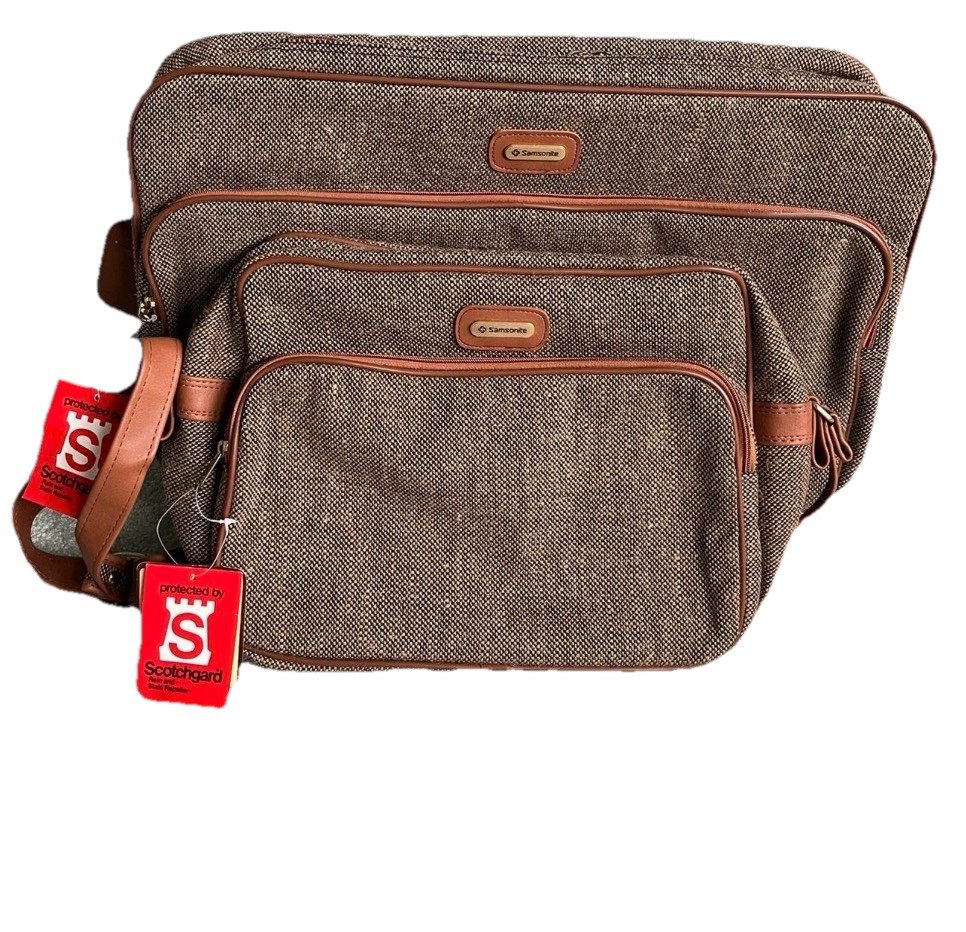 Vintage Samsonite Tweed And Leather Luggage Set Carry On Bag Tan Brown Prep NWT