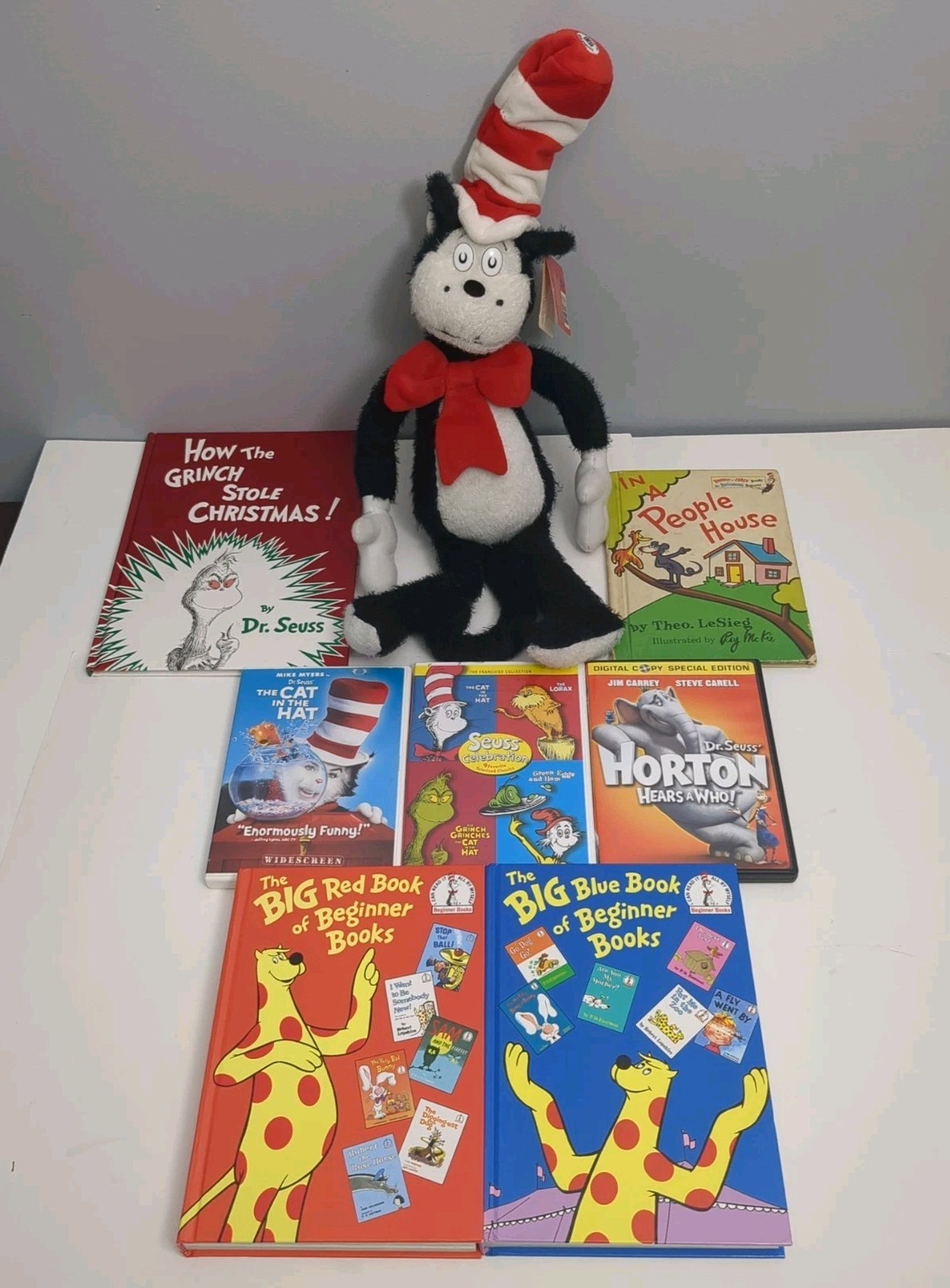 Dr. Seuss Lot - Books, DVDs, Cat In The Hat Plush Grinch Lorax Horton 