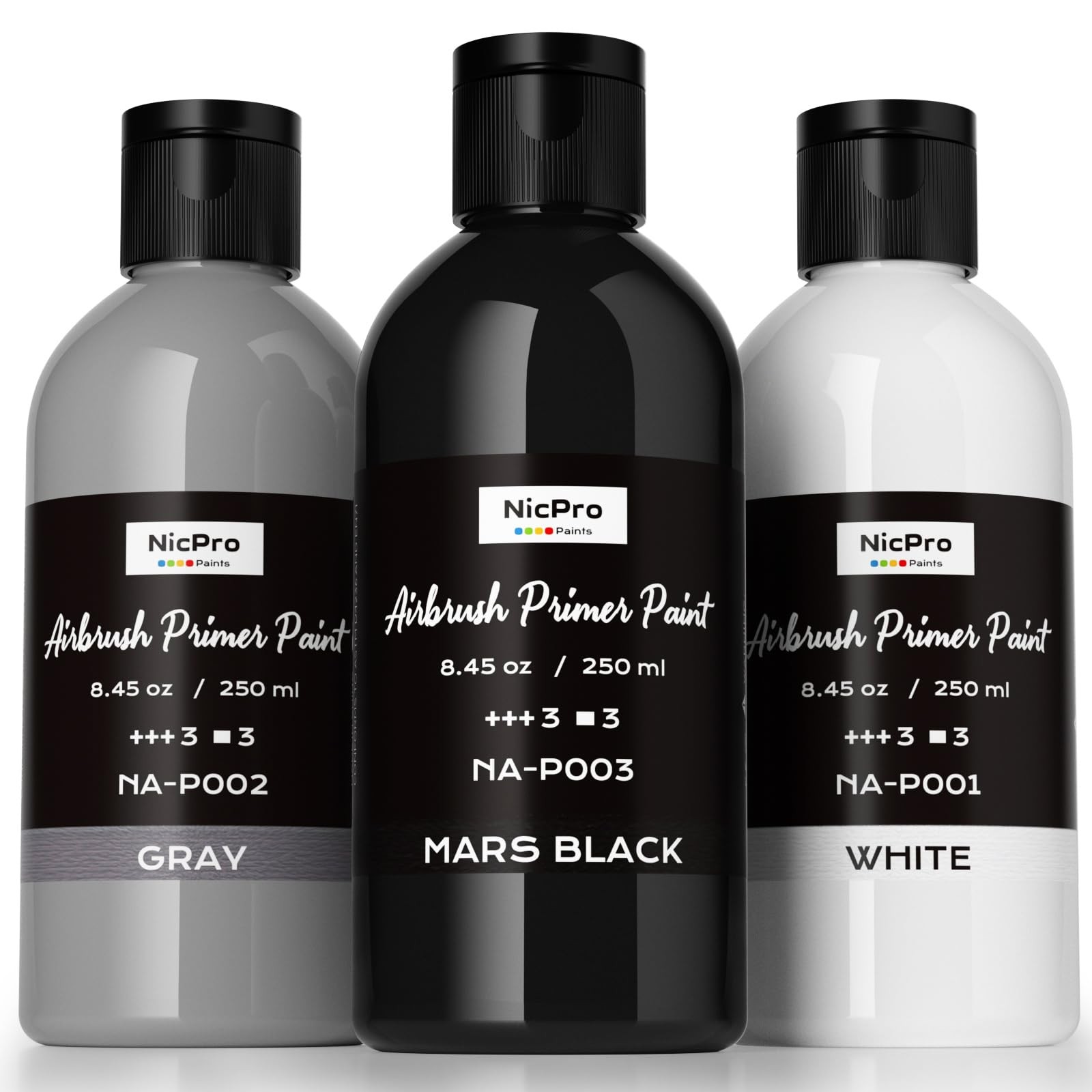 Nicpro Airbrush Primer Paint Set: Black, Gray, White - 8.4oz Matte Finish