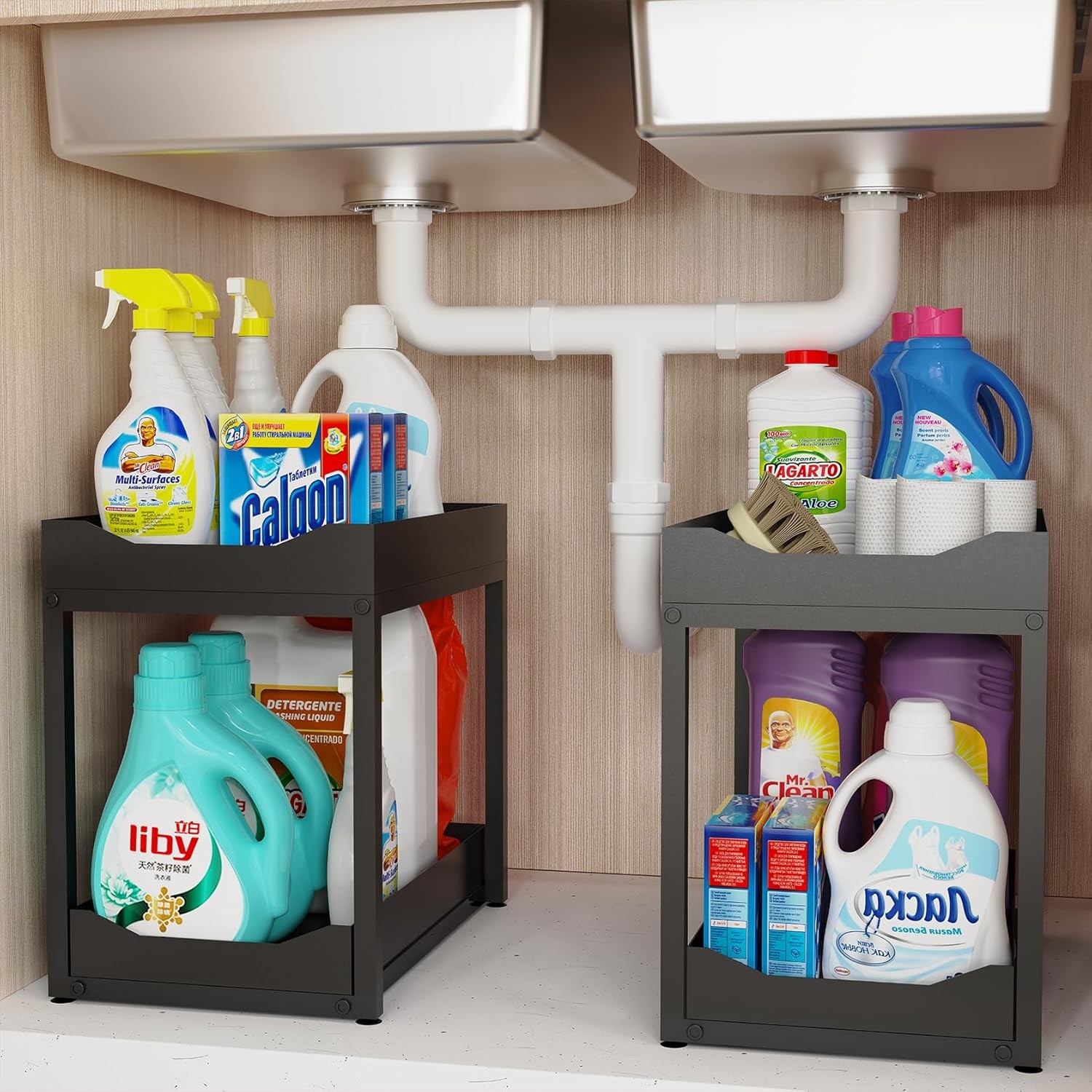 2-Tier Bathroom Organizers and Storage, Metal Under Sink Organizers,Pull Out Cab