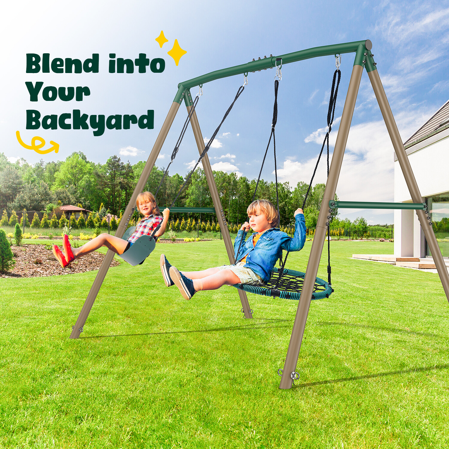 500lbs Tall Metal Swing Set Heavy Duty Kids Adult Backyard Playset with 2 Swings