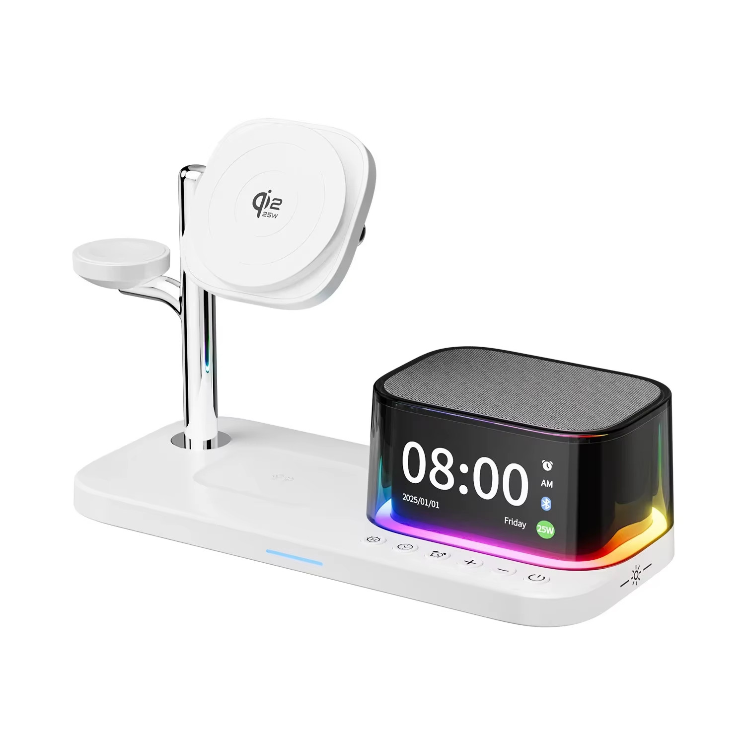 5.3 Bluetooth Speaker Qi2.2 25W Magnetic Fast Wireless Charger with Alarm Clock 