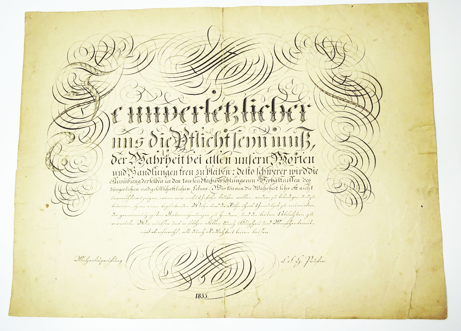 Handwritten Flourish Certificate Michaelis Prüfung Communion 1855 Decorative