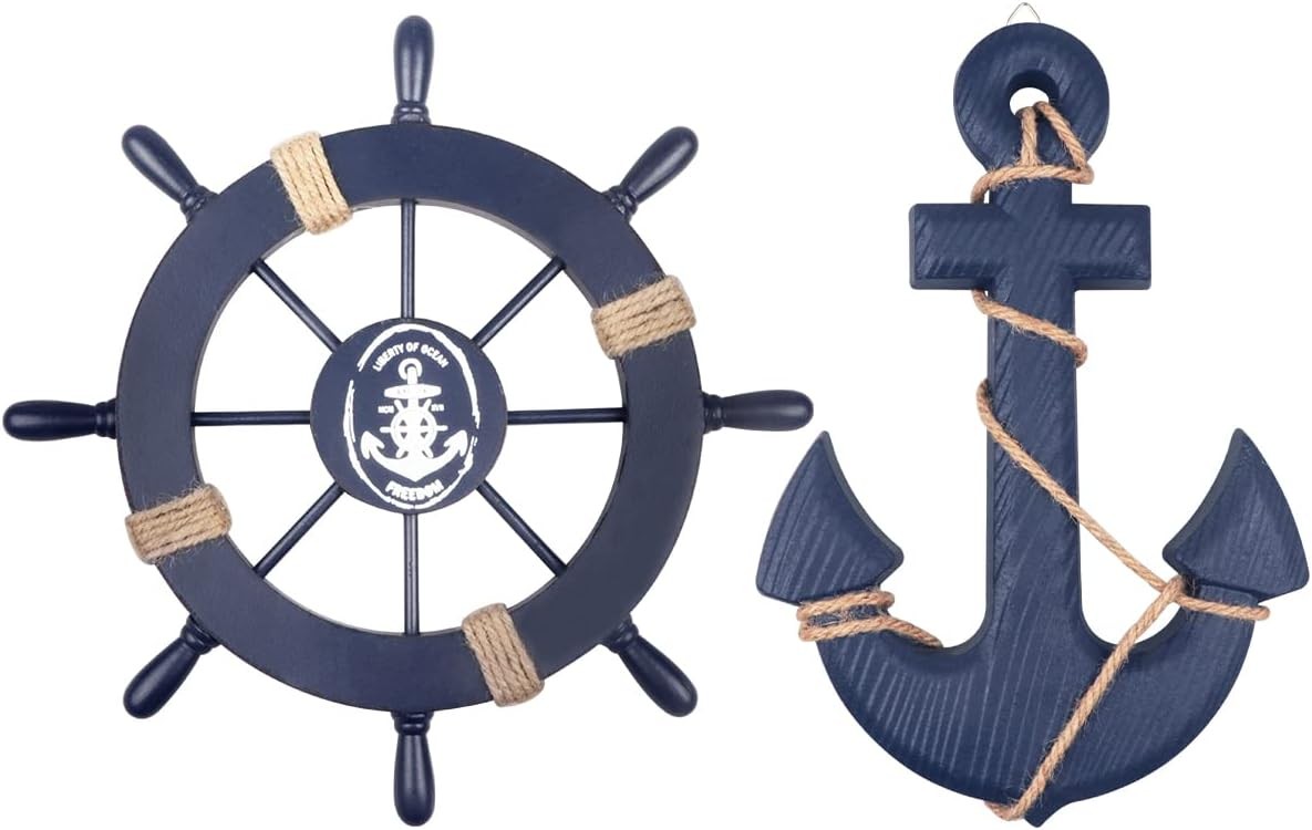 2 Pack 11" Nautical Beach Wooden Ship Wheel and 13" Wooden Anchor with Rope Naut